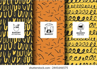 Conjunto vectorial de plantillas de diseño y fondos para empaque de panadería en estilo lineal de boceto de moda. Dibujado a mano elementos de garabatos con etiqueta de diseño