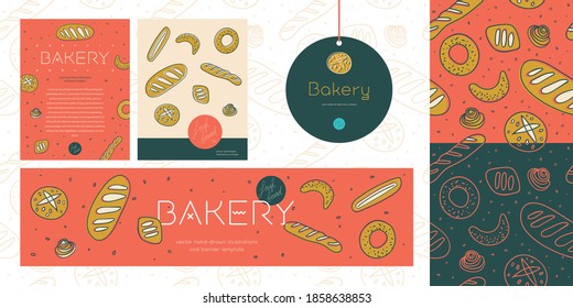 Vector set design templates and branding elements for bakery shop packaging in red colors. Bread seamless pattern with minimal illustrations, icons for baking, bakehouse logo design template.