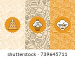 Vector set of design templates and elements for bakery packaging in trendy linear style - seamless patterns with linear icons related to baking, cafe, cupcake shop and logo design templates