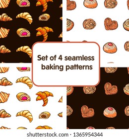 Vector set of design templates and elements for bakery packaging in trendy linear style - seamless patterns with linear icons related to baking, cafe, cupcake shop and logo design templates