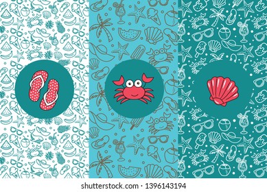 Vector set of design templates and elements for Summer in trendy linear style - seamless patterns with linear icons related to summer holiday, travel, sun and logo design templates.
