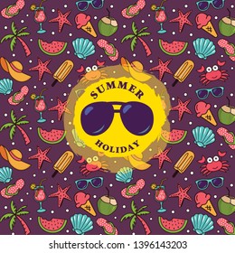 Vector set of design templates and elements for Summer in trendy linear style - seamless patterns with linear icons related to summer holiday, travel, sun and logo design templates.
