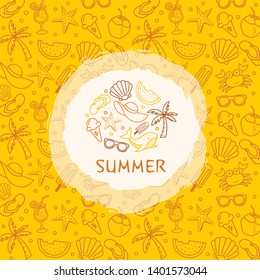 Vector set of design templates and elements for Summer in trendy linear style - seamless patterns with linear icons related to summer holiday, travel, sun and logo design templates.