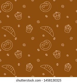 Vector set of design templates and elements for bakery packaging in trendy linear style - seamless patterns with linear icons related to baking, cafe, cupcake shop and logo design templates