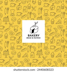 Vector set of design templates and elements for bakery packaging in trendy sketch linear style. Hand drawn doodles elements with design label. Seamless patterns