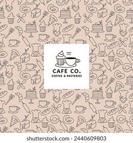 Vector set of design templates and elements for bakery packaging in trendy sketch linear style. Hand drawn doodles elements with design label. Seamless patterns