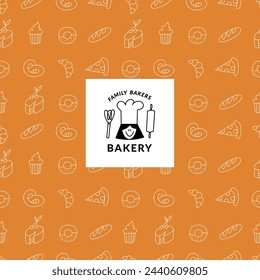 Vector set of design templates and elements for bakery packaging in trendy sketch linear style. Hand drawn doodles elements with design label. Seamless patterns