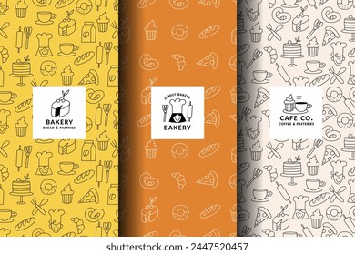 Vector set of design templates and elements for bakery packaging in trendy sketch linear style. Hand drawn doodles elements with design label