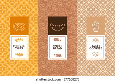 Vector set of design templates and elements for bakery packaging in trendy linear style
