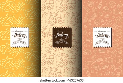 Vector set of design templates and elements for bakery packaging in trendy sketch linear style. Hand drawn doodles elements with design label.