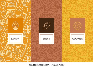 Vector set of design templates and elements for bakery packaging in trendy linear style - seamless patterns with linear icons related to baking, cafe, cupcake shop 