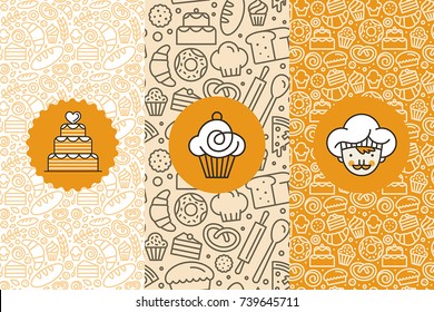 Vector set of design templates and elements for bakery packaging in trendy linear style - seamless patterns with linear icons related to baking, cafe, cupcake shop and logo design templates