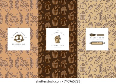 Vector set of design templates and elements for bakery packaging in trendy sketch linear style. Doodles elements with design label and logo.