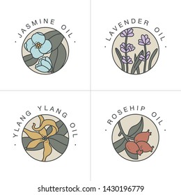 Vector set design templates and emblems - healthy and cosmetics oils. Different natural, organic oils. Logos in trendy linear style