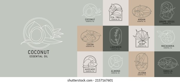 Vector set design templates and emblems - healthy and essential cosmetics oils. Different natural, organic oils. Logos in trendy linear style
