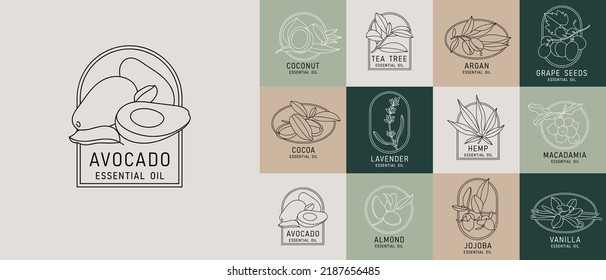 Vector set design templates and emblems - healthy and essential cosmetics oils. Different natural, organic oils. Logos in trendy linear style