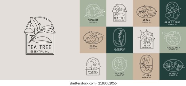 Vector set design templates and emblems - healthy and essential cosmetics oils. Different natural, organic oils. Logos in trendy linear style