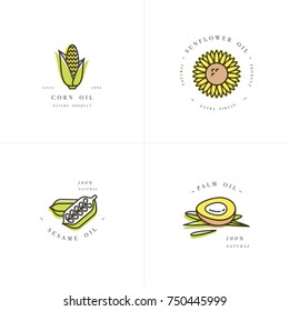 Vector set design templates and emblems - healthy and cosmetics oils - corn, sunflower, sesame and palm. Logos in trendy linear style