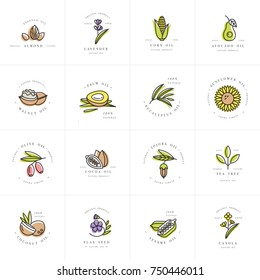 Vector set design templates and emblems - healthy and cosmetics oils. Different natural, organic oils. Logos in trendy linear style