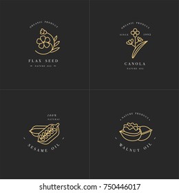 Vector set design templates and emblems - healthy and cosmetics oils - flax seed, walnut, sesame and canola. Logos in trendy linear style, Golden color