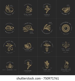 Vector set design templates and emblems - healthy and cosmetics oils. Different natural, organic oils. Logos in trendy linear style. Golden color