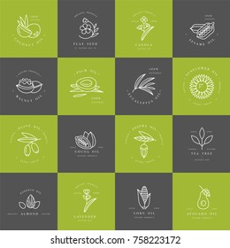 Vector set design templates and emblems - healthy and cosmetics oils. Different natural, organic oils. Logos in trendy linear style