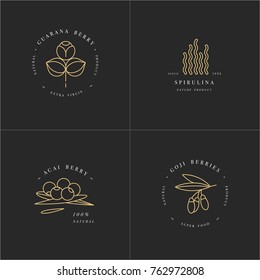 Vector set design templates and emblems - healthy eco food - camu camu, spirulina, goji berry and acai berry. Detox and weightloss supplements. Logos in trendy linear style