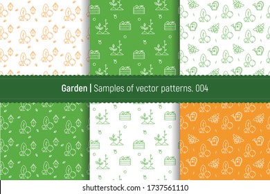 Vector set of design templates for a garden store in a fashionable linear style. Seamless patterns with linear icons: trees, bees, birdhouses, watering can, apples, Apple crate. Templates for creating