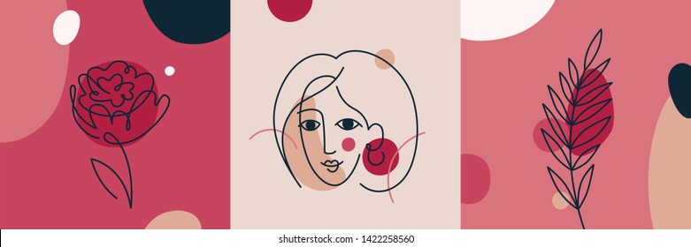 Vector set of design templates and illustrations in minimal linear style - minimalistic modern art - female portrait and flowers - abstract t-shirt print  - beauty and fashion concept