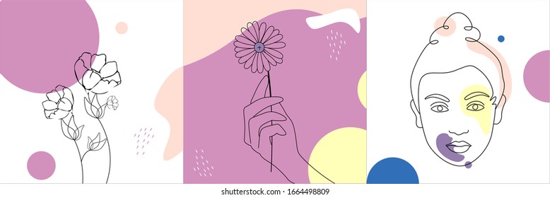 Conjunto vectorial de plantillas de diseño e ilustraciones en un estilo lineal mínimo - arte moderno minimalista - retrato femenino y flores - impresión abstracta en pantalones - concepto de belleza y moda