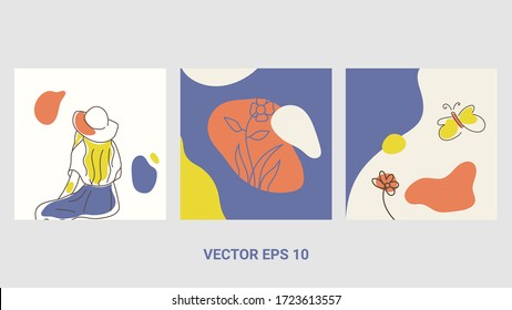 Vector set of design templates and illustrations in minimal linear style - minimalistic modern art - female portrait and flowers - abstract t-shirt print - beauty and fashion concept