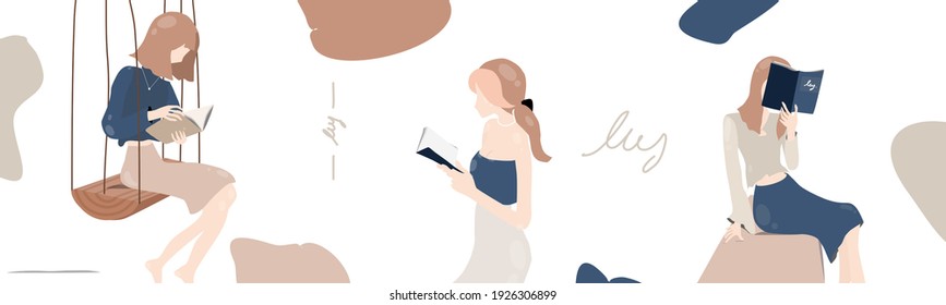 Vector Set Of Design Templates And Illustrations In Minimal Style . Minimalist Modern Art . Female Portrait Daily Life And Book .