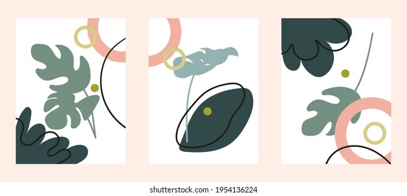 Vector set of design templates and illustrations in minimal scandinavian style. Posters with geometric elements and modern leaves. 