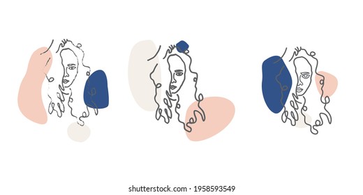 Vector set of design templates and illustrations in minimal linear style - minimalistic modern art - female portrait - abstract beauty and fashion concept.