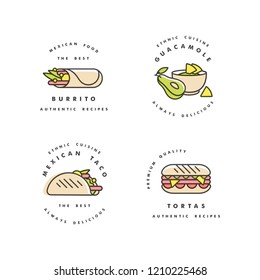 Vector set of design templates logos and emblems - mexican food. Mexican national traditional food. Logos in trendy linear style isolated on white background