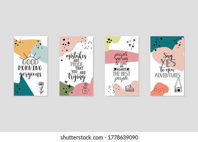 Vector set design templates with motivational phrases. Lettering. Trendy template for social networks stories, vector illustration.
