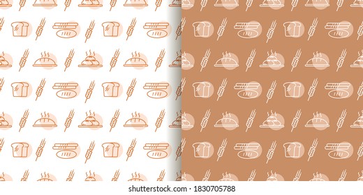 Vector set of design templates for packaging bakery products in a fashionable linear style. Seamless patterns with linear icons: bread, loaves, cereal ears. Seamless pattern.