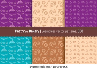 Vector set of design templates for packaging bakery and confectionery products in a fashionable linear style. Seamless patterns with linear icons: waffles, cupcakes, macaroons, cakes.