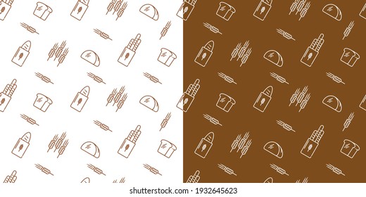 Vector set of design templates for packaging bakery products in a fashionable linear style. Seamless patterns with linear icons: bread, loaves, rye. Templates for creating logos.