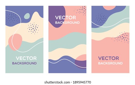 Vector set of design templates in simple modern style with abstract shapes. Design backgrounds with copy space for text. Suitable for invitation designs, social media stories and posts wallpapers.