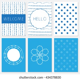 Vector set of design templates,leaflets and frames in white and blue colors, A4 format, collection of grungy style pages for gift card, cover, book, printing, flyer etc.