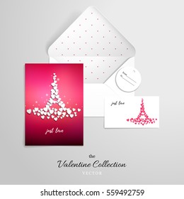 Vector set for design. Valentine's Day or wedding. Hearts in the form of the Eiffel Tower on red background. Inscription Just love. 