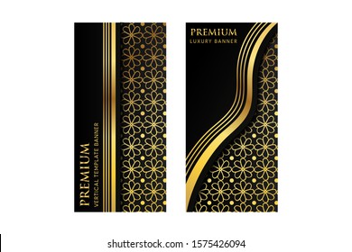 Vector Set Of Design Vertical Banner, Luxury Packaging For The Product. Vertical Gold Cards On A Black Background. Templates Vintage Ornament Straight And Wave Line. Flower Pattern Element. 