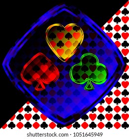 Vector set of designations of cards and suits in poker in metal frame on foil. Red green blue and yellow elements of poker suits for applications and games.
