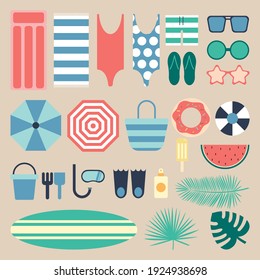 Vector set designed on summer beach or pool items, such as swimsuits, sunglasses, towel, umbrellas, ball, among other objects