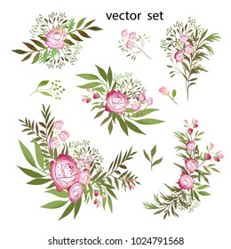 Vector. A set of designer bouquets. Composition of roses and wild herbs. Pink rose.
