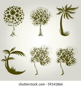 Vector set of designs with decorative tree from leafs. Thanksgiving