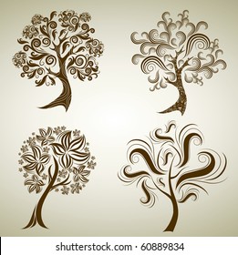 Vector set of designs with decorative tree from leafs.