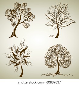 Vector set of designs with decorative tree from leafs.