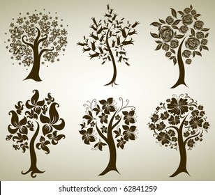 Vector set of designs with decorative tree from flowers. Thanksgiving